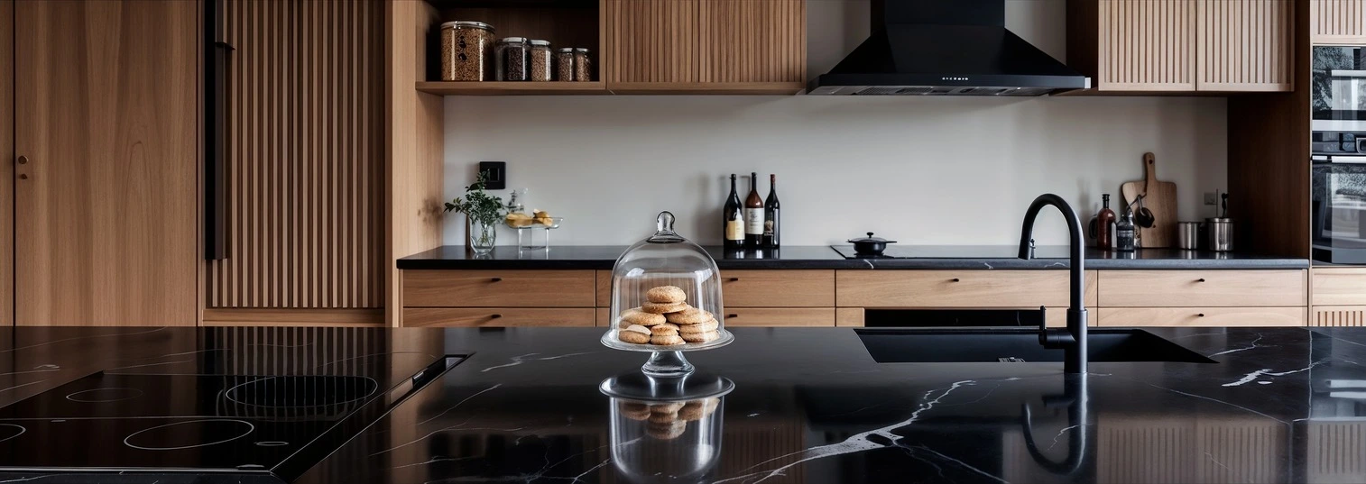 Nowoczesna zabudowa kuchenna z czarnymi, marmurowymi blatami