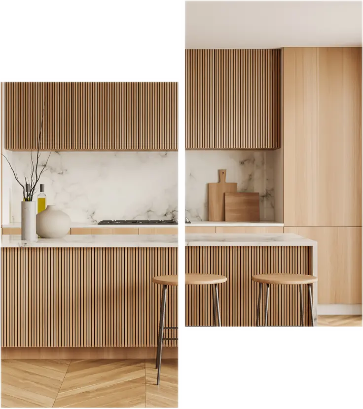 Zdjęcie nowoczesnej kuchni z meblami pokrytymi jasnym kamieniem i obłożonymi drewnianą boazerią.